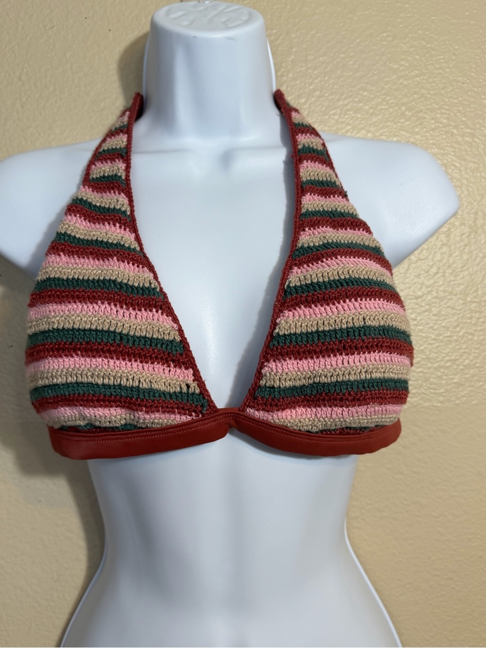Striped Crochet Halter Bikini Top - Pink, Green, Red medium